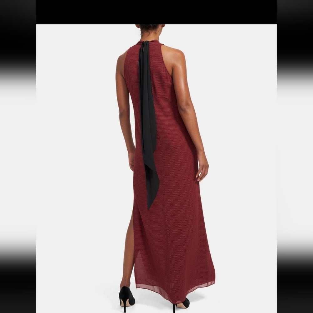 THEORY Silk Halter Dot Print Burgundy Maxi Dress | SZ 10 - Picture 2 of 14